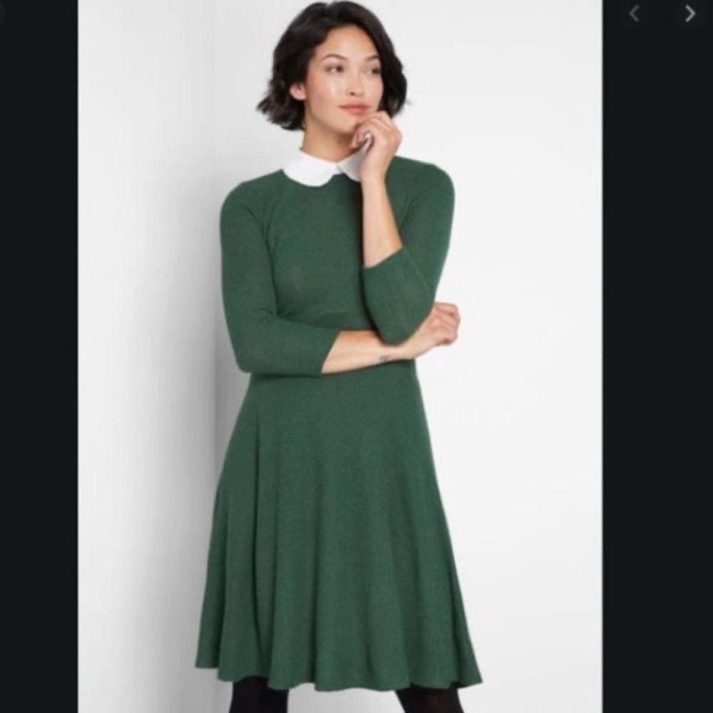 (D27) Modcloth “Perfect Proper Knit” Peter Pan Collar Green A-line Dress